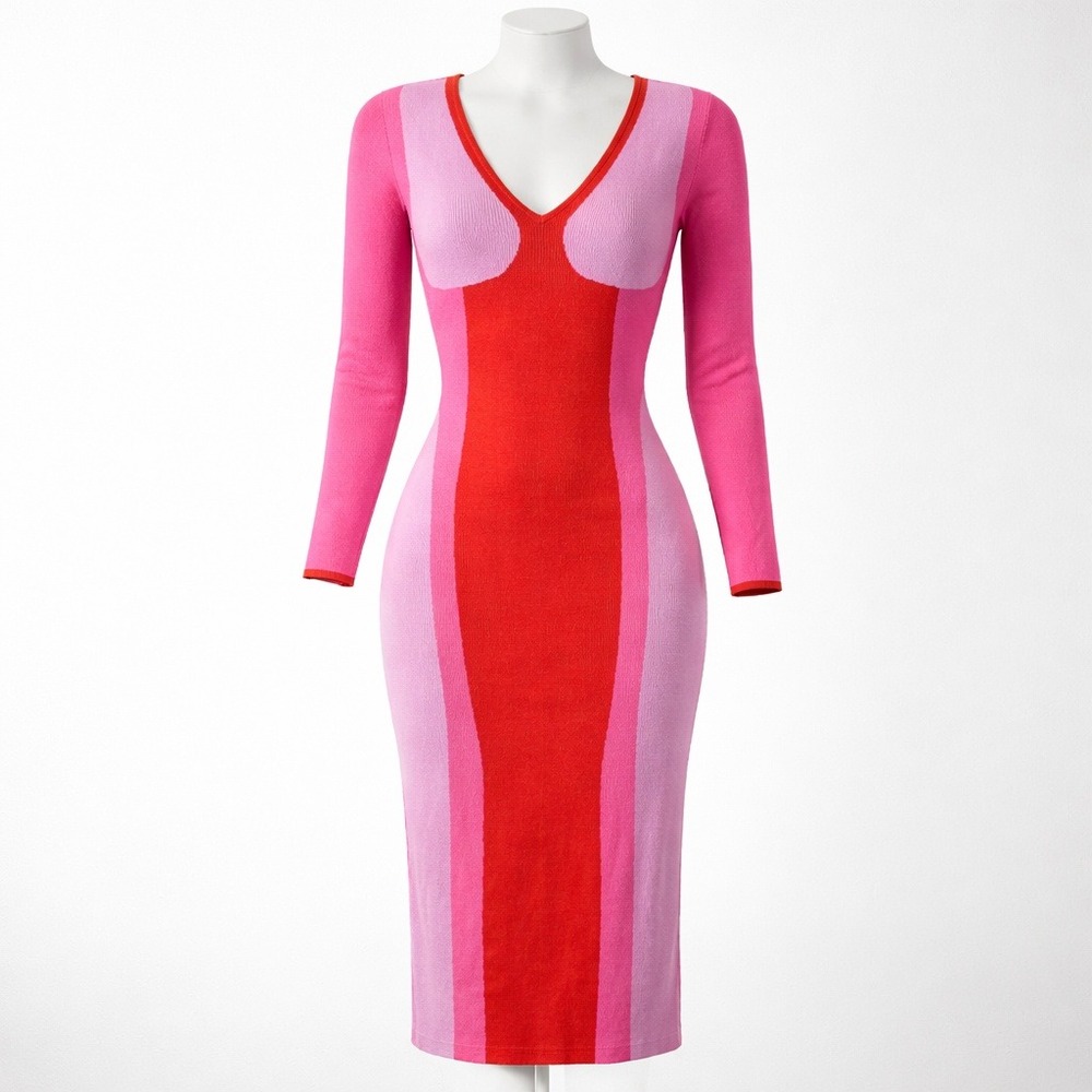 Gabrielle Union Ribbed Knit Bodycon Midi Dress Colorblock Pink Red Medium